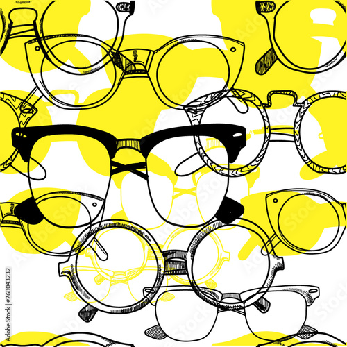 Glasses. Seamless pattern. Drawing by hand in vintage style. Points of different shapes and sizes.