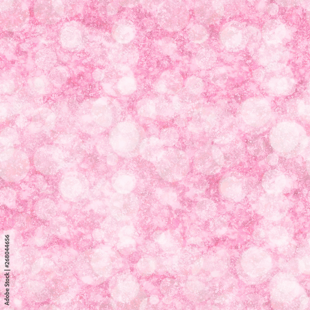 Stains and spatters seamless pattern with pink bokeh. Random brush strokes imitation. Abstract background.