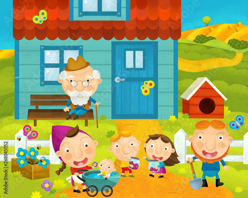 Quadro em tela cartoon rural scene with farm and villagers near the house - illustration for ch