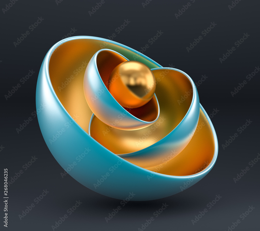 Gold gray background with balls, geometry, abstraction. 3d illustration, 3d rendering.