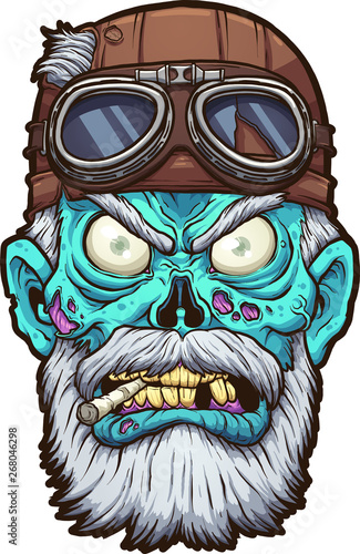 Old cartoon zombie biker head with leather helmet clip art. Vector illustration with simple gradients. All in a single layer.