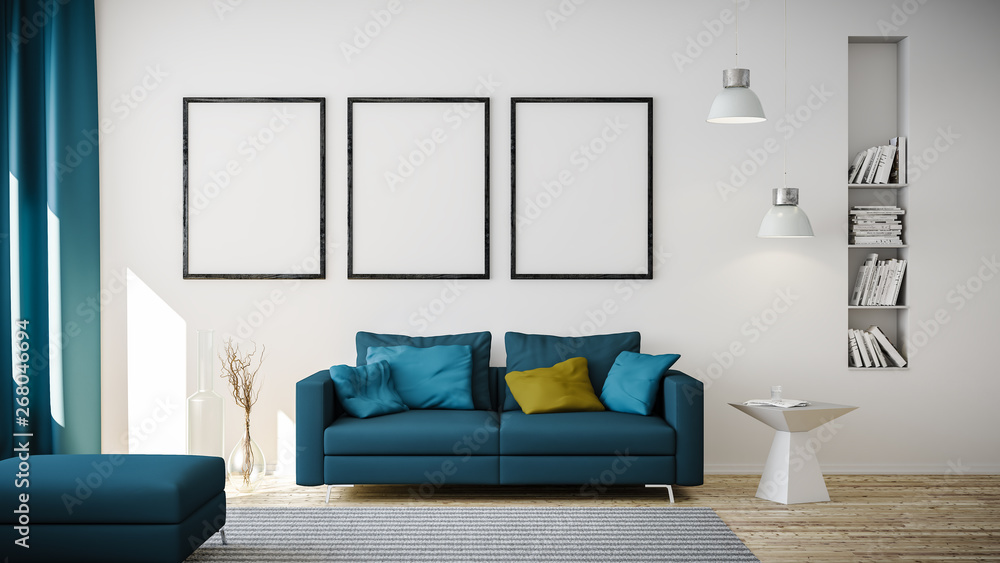 3D Rendering von blauem Couch oder Sofa und leeren Bilderrahmen vor weisser  Wand in Raum oder Wohnzimmer einer Wohnung mit modernen Möbeln in  minimalistischen Interieur 素材庫插圖| Adobe Stock