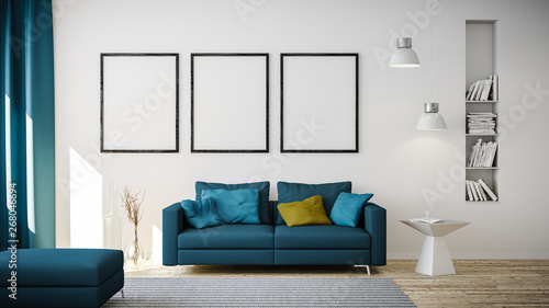 3D Rendering von blauem Couch oder Sofa und leeren Bilderrahmen vor weisser Wand in Raum oder Wohnzimmer einer Wohnung mit modernen Möbeln in minimalistischen Interieur photo