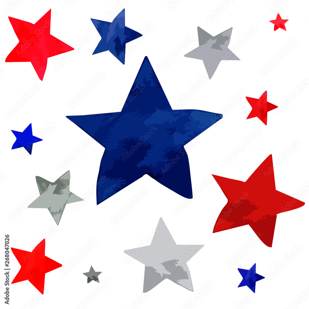 Vector white, blue and red stars pattern set decoration for Independence day, July 4th holiday celebration watercolor illustration Vector white, blue and red stars pattern set decoration for Independence day, July 4th holiday celebration watercolor illustration