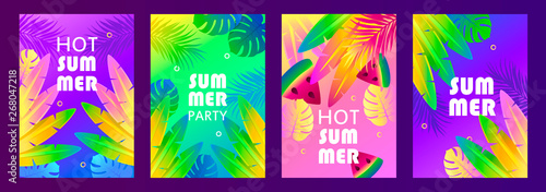 Set of colorful summer templates for banner, poster, invitation, flyer, cover, brochure. Vector tropical illustration. EPS 10.