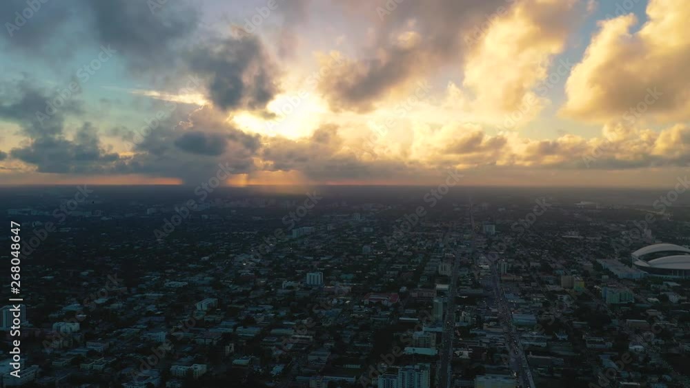 MIAMI, FLORIDA, USA - JANUARY 2019: Aerial drone panorama view flight over Miami beach city centre. Sunrise from above. MIAMI, FLORIDA, USA - JANUARY 2019: Aerial drone panorama view flight over Miami beach city centre. Sunrise from above.