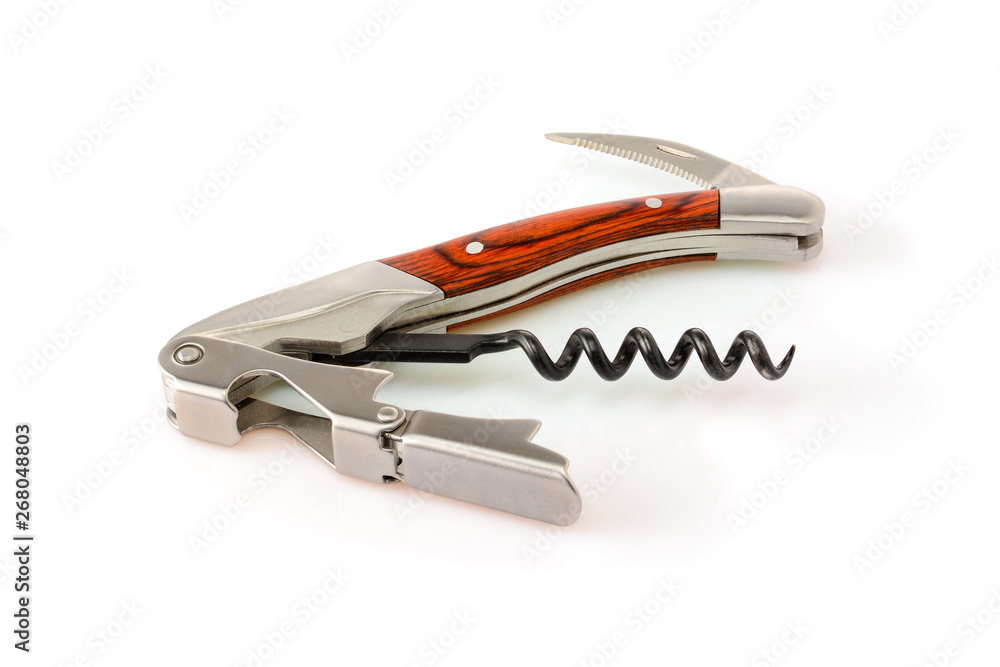 Sommelier knife with corkscrew and bottle opener unfolded, professionsl waiter knife, close up macro. Sommelier knife with corkscrew and bottle opener unfolded, professionsl waiter knife, close up macro.