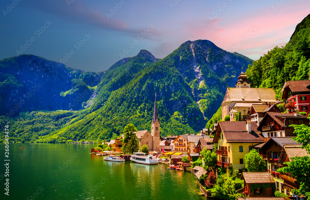 Fantastic view on Hallstatt village and alpine lake, Austrian Alps,  Salzkammergut, Austria, Europe