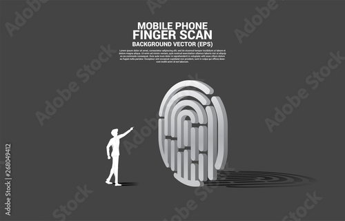 Businessman touch thumbprint on finger scan icon 3D. Background concept for security and privacy technology on network