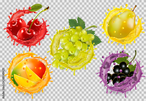Set of fruit in juice splash on transparent background. Cherry, pear, mango, grapes, blackberry. Vector