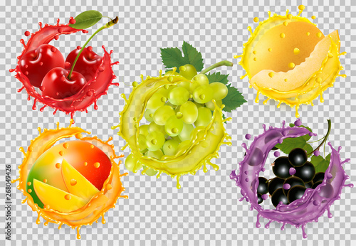 Set of fruit in juice splash. Grapes, cherry, mango, honeydew, blackberry. Vector