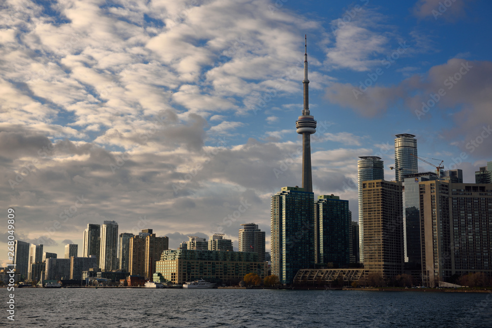 Sunset light on Toronto Harbourfront skyline of highrise towers