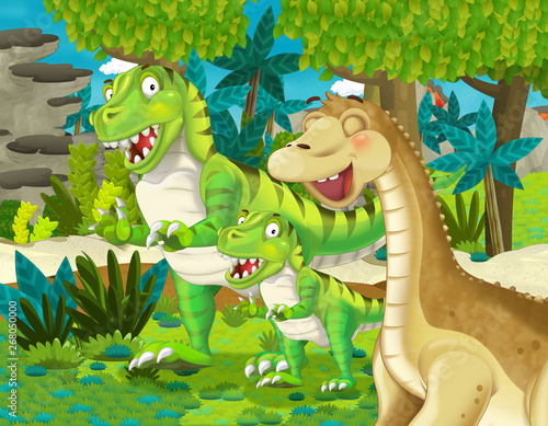cartoon scene with dinosaur apatosaurus diplodocus brontosaurus with some other dinosaur with his or her child in the jungle - illustration for children