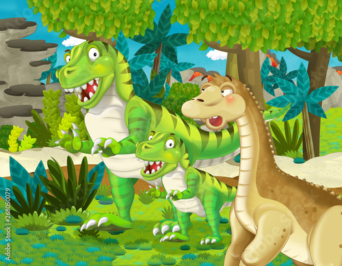cartoon scene with dinosaur apatosaurus diplodocus brontosaurus with some other dinosaur with his or her child in the jungle - illustration for children © honeyflavour