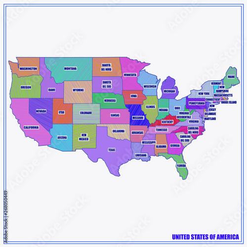 Bright illustration with map of United States of America. Happy America day background. Bright background with map of USA and regions.