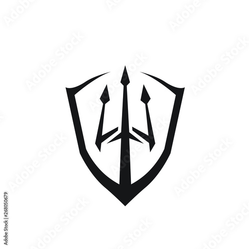 Trident spear harpoon shield logo design