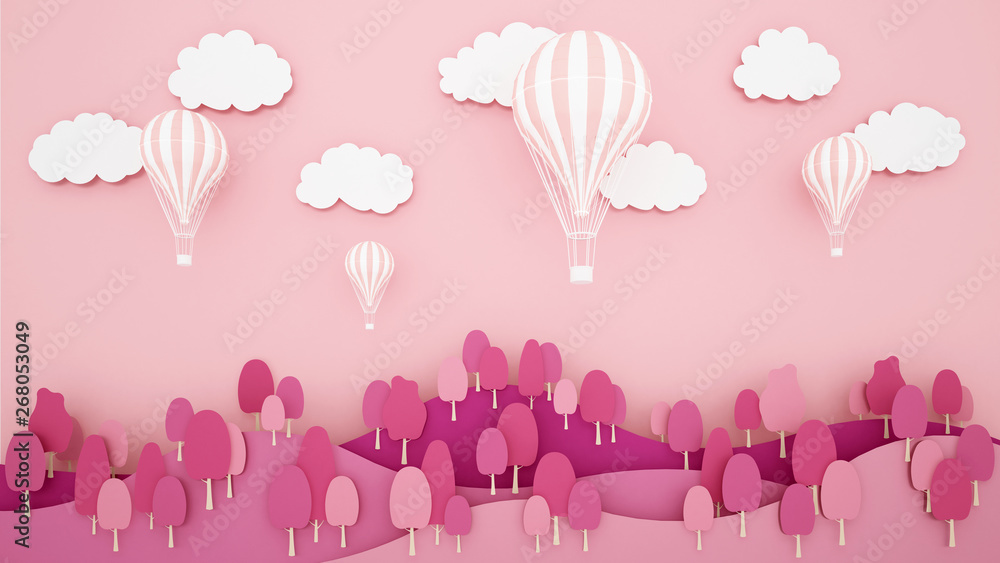 Pink balloons on mountain and sky background. Artwork for balloon international festival. paper cut or craft style. Autumn season artwork.3D illustration.