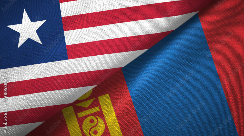 Fototapeta premium Liberia and Mongolia two flags textile cloth, fabric texture
