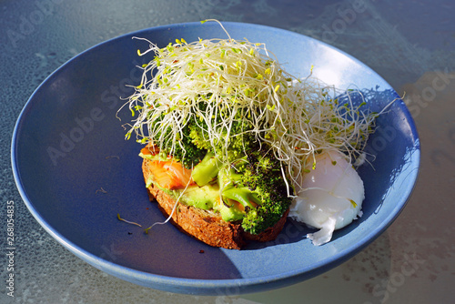 A breakfast plate with an avocado toast topped with charred broccoli and alfafa sprouts photo