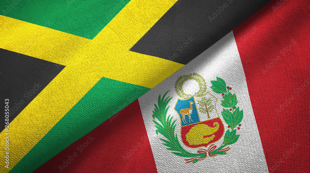 Fototapeta premium Jamaica and Peru two flags textile cloth, fabric texture