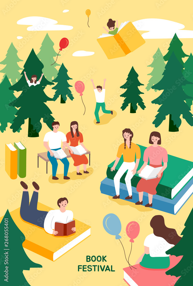 Book festival. Poster template for outdoor festival. Flat cartoon colorful vector illustration. Book festival. Poster template for outdoor festival. Flat cartoon colorful vector illustration.