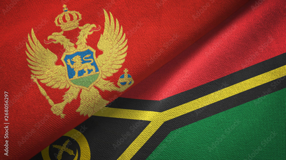 Fototapeta premium Montenegro and Vanuatu two flags textile cloth, fabric texture