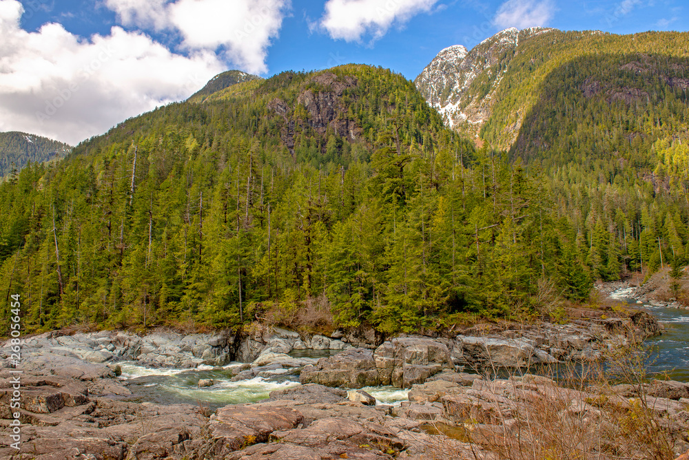 Kennedy River and mountain range with forest landscape in Vancouver Island