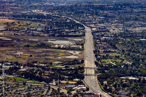 Aerial View of the 101 Freeway Cutting through the City of Palo Alto in Silicon Valley, California, USA