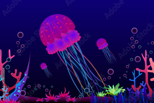 Jellyfish and coral under the sea background