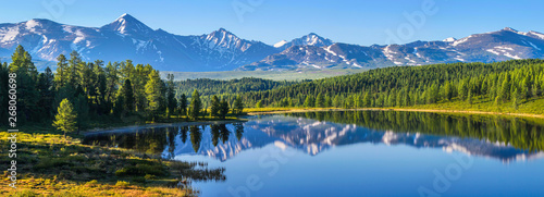 Mountain landscape, picturesque mountain lake in the summer morning, large panorama, Altai