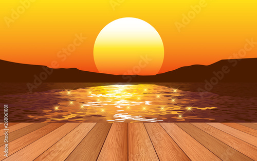 view of sun on wooden floor at the river  in the morning