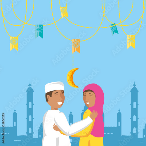islamic couple lovers with garlands and moon