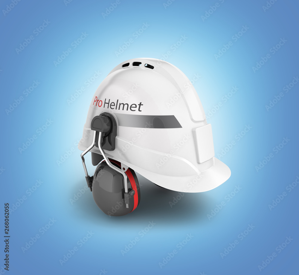 Fototapeta premium Hard hat safety halmet with earmuffs isolated on blue gradient background 3d