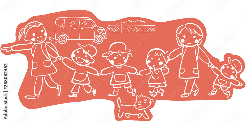 Obraz premium 先生まはた保育士と手をつないでお散歩する笑顔の保育園児または幼稚園児 単色