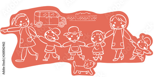 先生まはた保育士と手をつないでお散歩する笑顔の保育園児または幼稚園児 単色