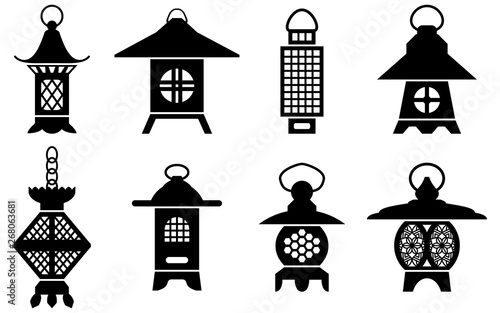 Vector silhouette of asian lanterns and lamps isolate on white background. Set of traditional asian decorative hanging lanterns made of metal or wood.
