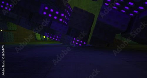 Abstract Concrete Futuristic Sci-Fi interior With Green And Violet Glowing Neon Tubes . 3D illustration and rendering.