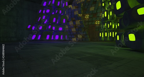 Abstract Concrete Futuristic Sci-Fi interior With Green And Violet Glowing Neon Tubes . 3D illustration and rendering.