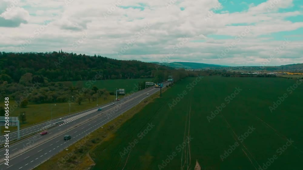 aerial view of intersection outside of Prague with viaducts and intersections with traffic summer aerial view of intersection outside of Prague with viaducts and intersections with traffic summer