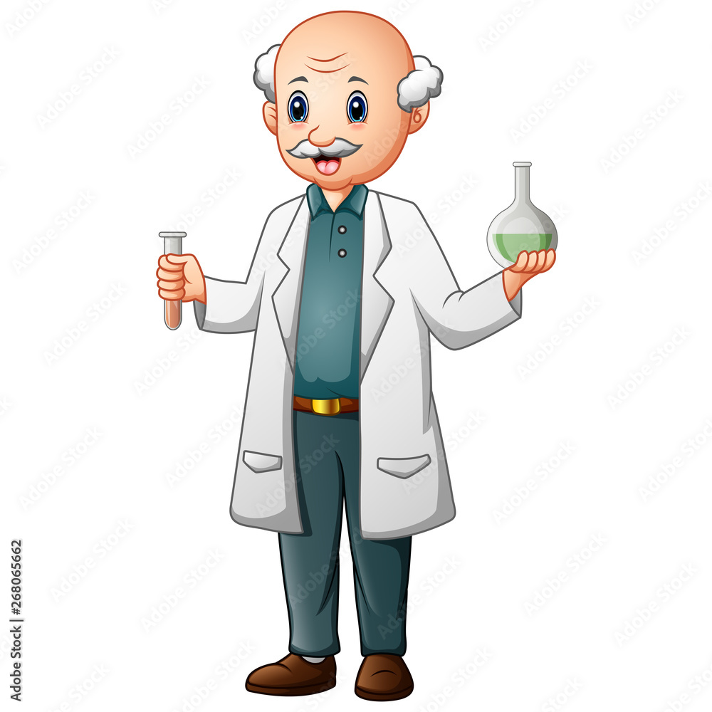 Funny old chemist holding test tubes and flasks