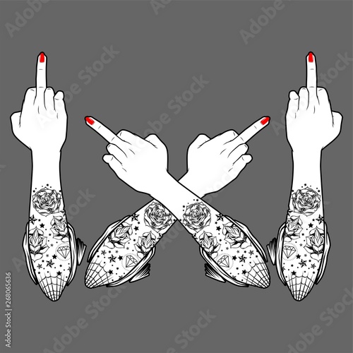 women Hand, middle finger. Fuck you, symbol. Vintage sketch-vector