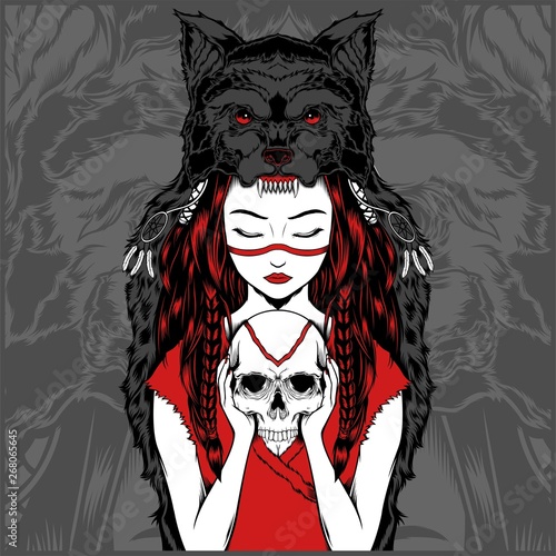 Native American girl with Wolf headdress handling skull -vector