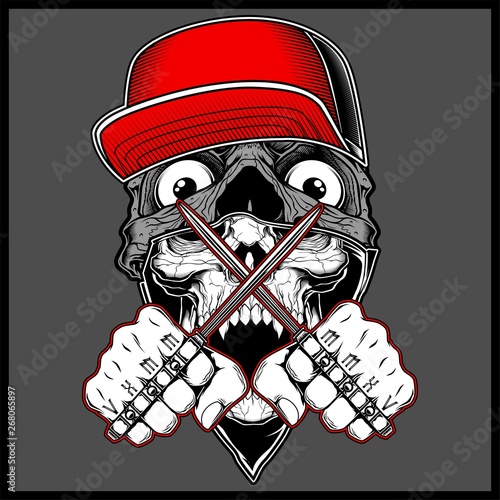 skull wearing cap handling knuckle knife.vector