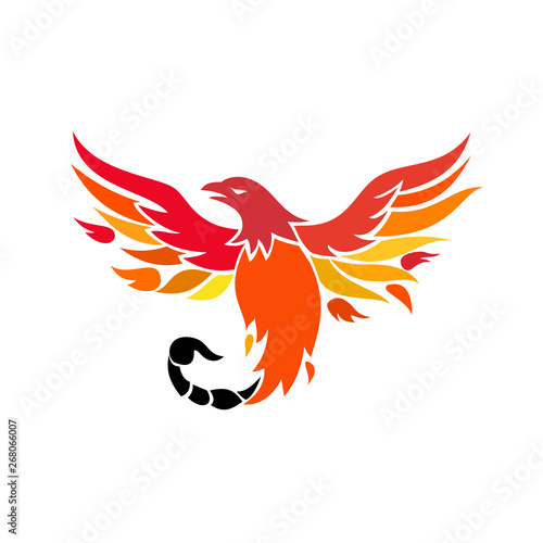 Icon retro style illustration of a mythical phoenix or firebird of Greek mythology with a tail of a scorpion or venomous stinger flying up on isolated background.