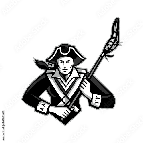 Mascot icon illustration of bust of a girl or female American patriot with lacrosse stick viewed from front on isolated background in retro style done in grayscale.