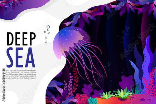 Jellyfish and coral under the sea background
