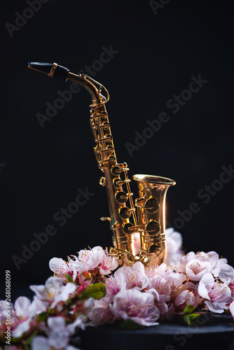 Canvas Print Tiny saxophone with pink cherry blossom on a dark background with copy space