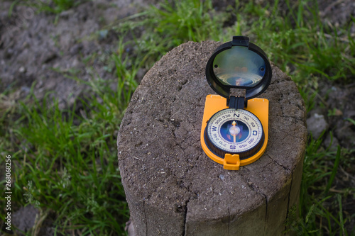 Orange compass on stump in the shady forest, shows the way. Orientation and travel concept