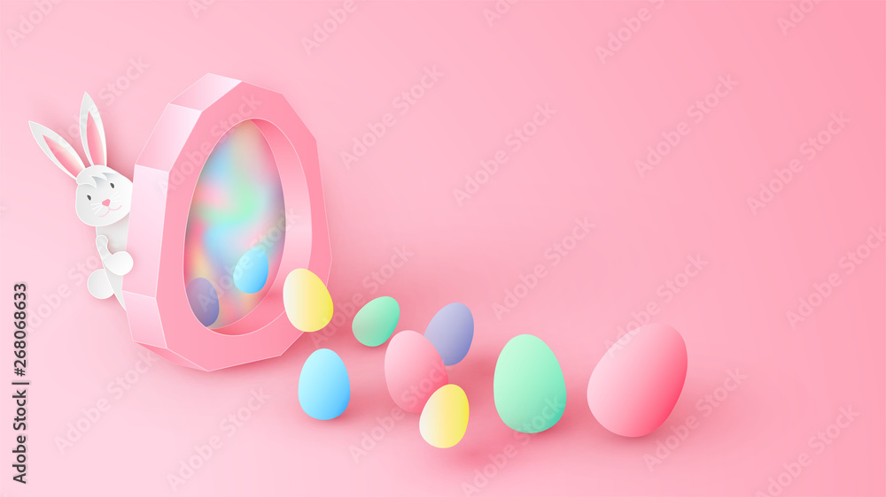 Variety color Easter eggs go out from egg-shape magic gate to celebrate the Easter and bunny sneak behind. paper cut and craft style. vector, illustration.