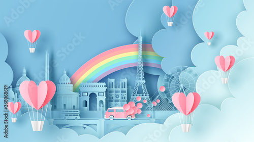 Honeymoon travel on Valentine's day around the world famous architecture city in Paris, France. paper cut and craft style. vector, illustration.